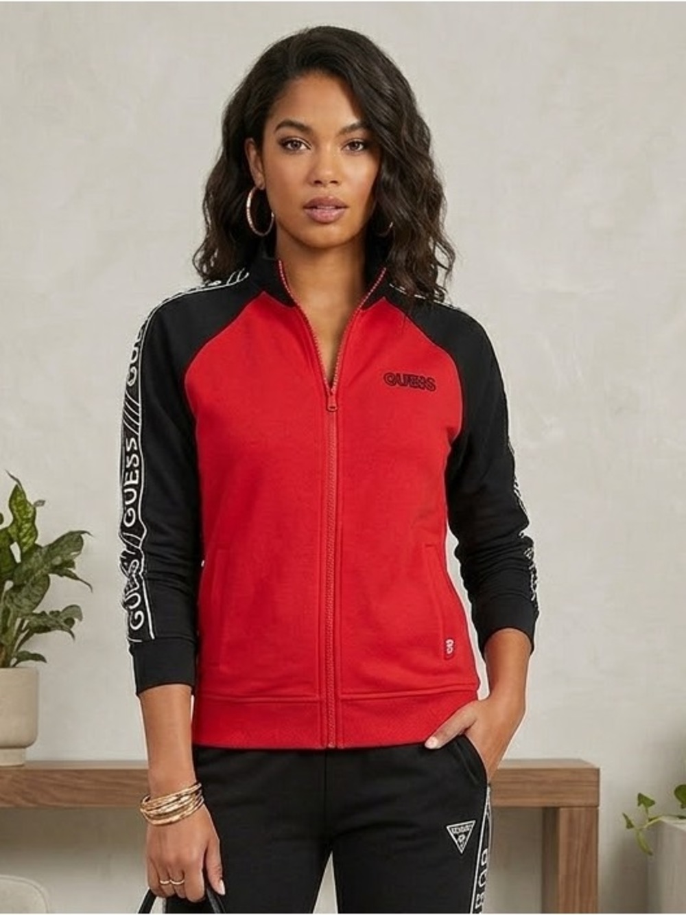 GUESS Los Angeles Red Black Logo Track Jacket Size Medium